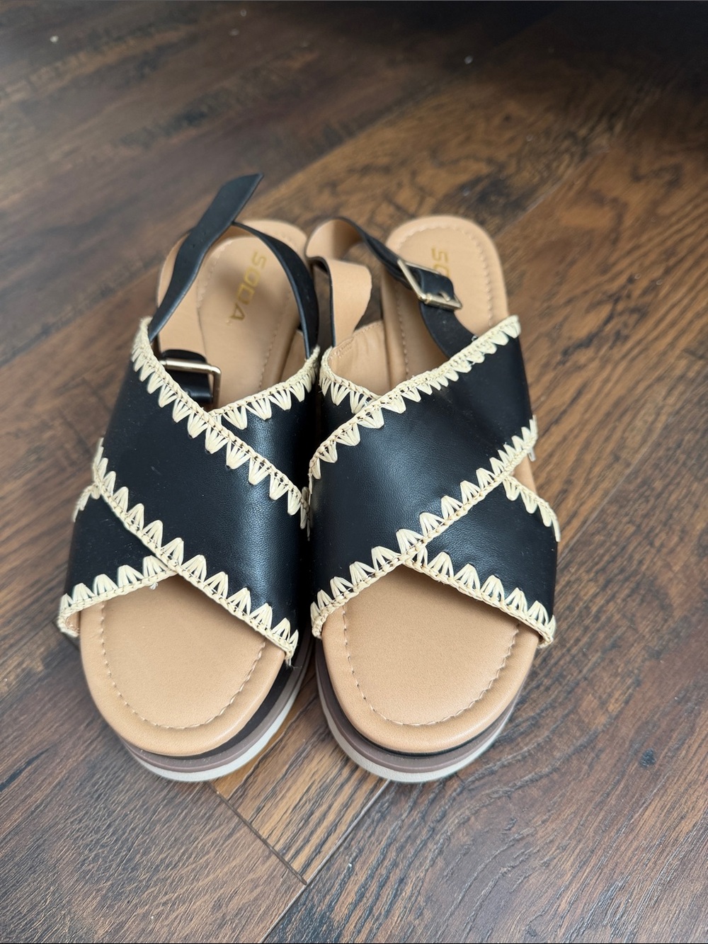 Soda Black Slingback Crisscross Sandals with Cream Trim
